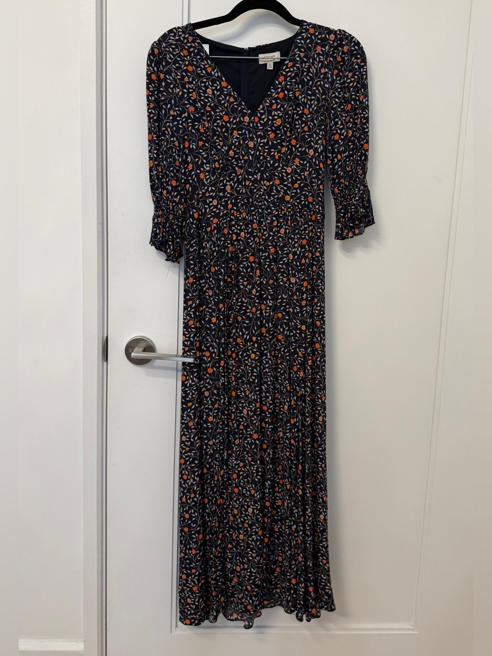Jigsaw Navy Floral Midi Dress Orange Print Smocked Cuffs Size 2